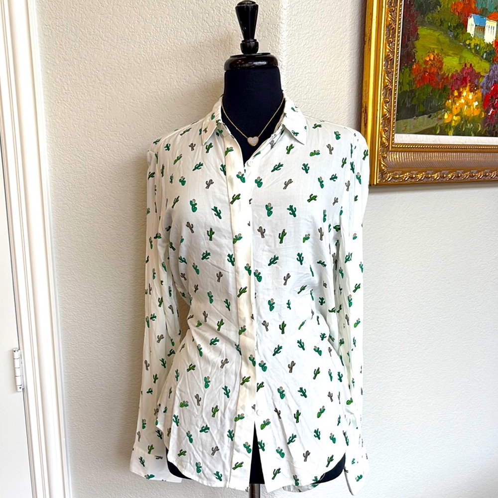 White Button-Up Shirt with Green Cactus Print